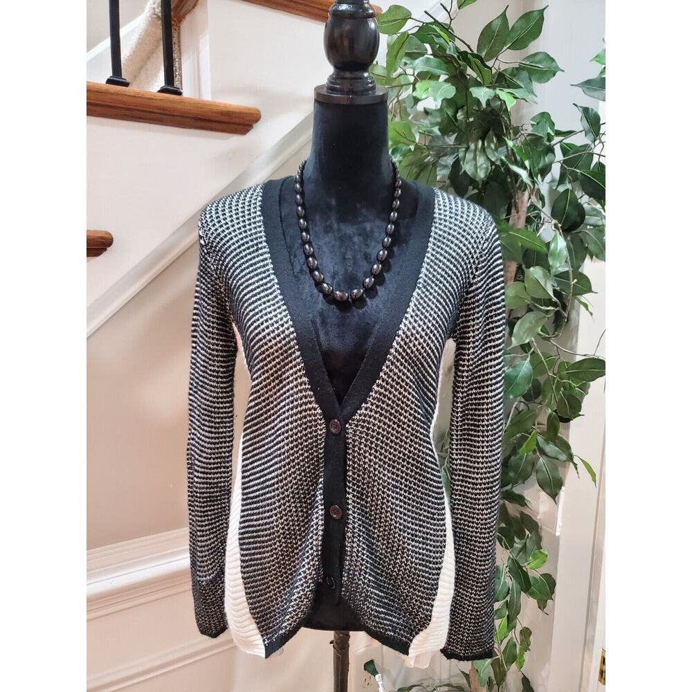 Finn & Clover Womens Black & White Acrylic Long Sleeve Button Cardigan Sweater S